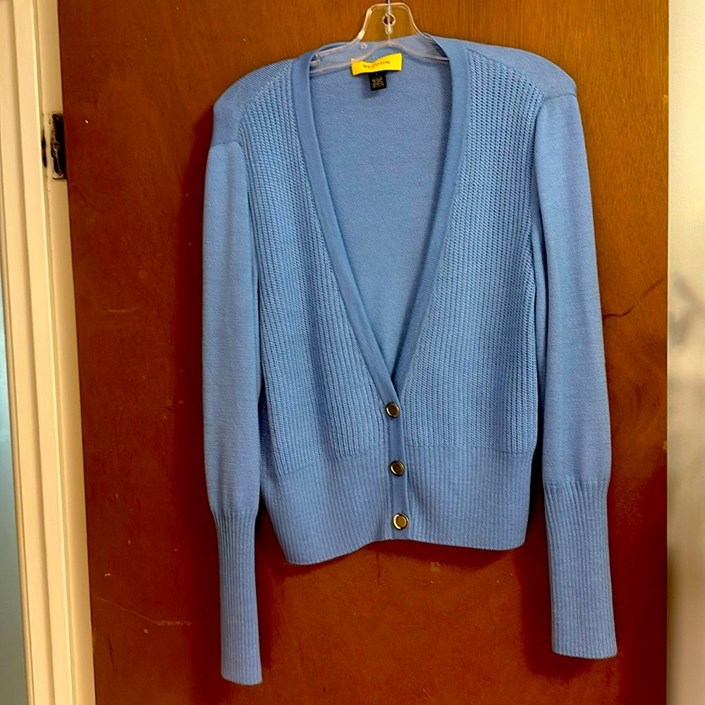 Authentic and classy St John’s Knits blue three-button cardigan. Size L.